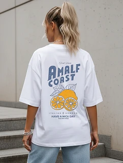 Dámské tričko oversize s potiskem na zádech, bílé, FashionStreet NX9501RY