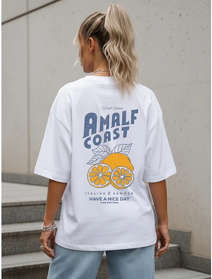 Dámské tričko oversize s potiskem na zádech, bílé, FashionStreet NX9501RY
