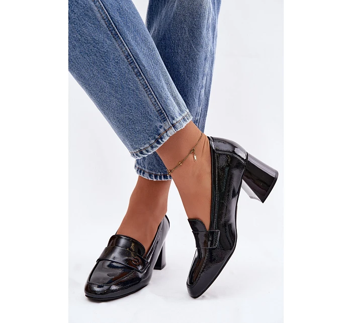 Kožené Lakované Dámské Lodičky na Podpatku model 22100046 Černé - VINCEZA