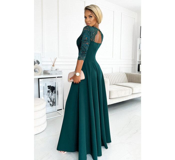 Elegantní dlouhé šaty s krajkovým výstřihem Numoco AMBER - zelené