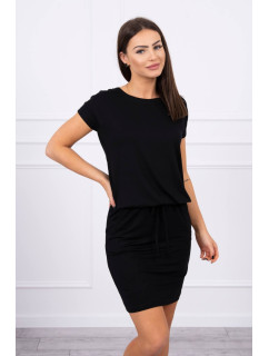 Viskózové šaty s krátkým rukávem v pase černé