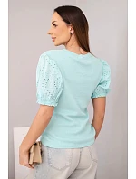 Dámská bavlněná žebrovaná halenka s nabíraným rukávem a knoflíky tmavě mátová