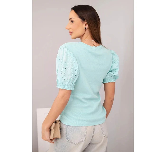 Dámská bavlněná žebrovaná halenka s nabíraným rukávem a knoflíky tmavě mátová