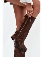 Dámské kozačky s ohrnovaným svrškem, sponou a stříbrným zipem, zateplené Bressa – hnědé Dámské kozačky s ohrnovaným svrškem, sponou a stříbrným zipem, zateplené Bressa – hnědé