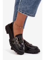 Lakované dámské mokasíny s pásky a stříbrnými přezkami Gabrisse – černé