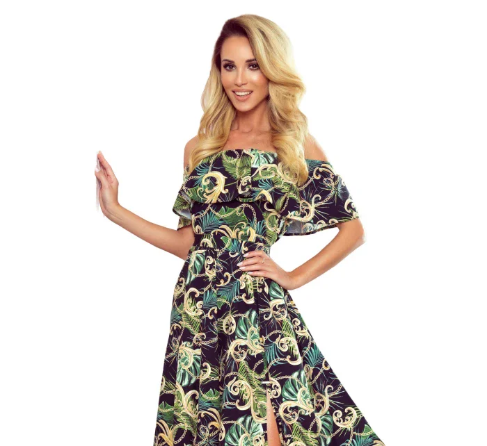 Dlouhé dámské šaty se španělským výstřihem a vzorem zelených listů a zlatých řetízků 194-4