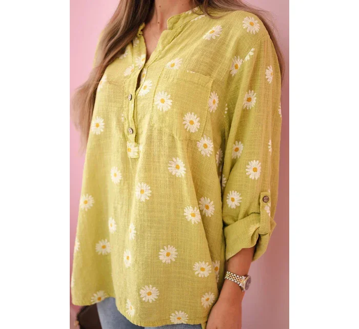Lněná dámská halenka s květinovým vzorem, dlouhými rukávy a knoflíky kiwi