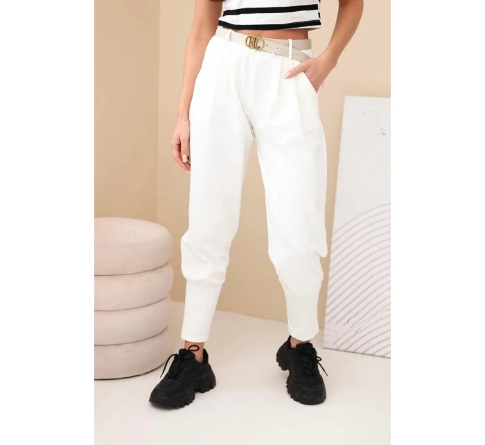 Dámské bavlněné kalhoty s vysokým pasem a páskem ecru