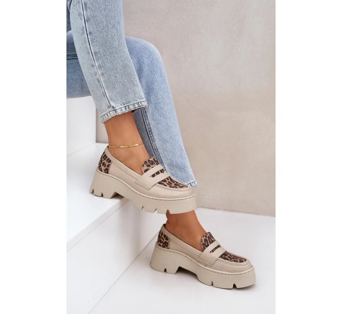 Dámské Kožené Mokasíny Na Platformě A Ploché Podpatky Leopardí Světle Béžové model 21683942 - Zazoo