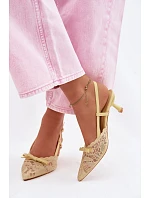 Dámské krajkové sandály na podpatku s mašlí Žluté model 22107289 - Boto