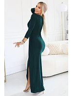 model 22112277 Elegantní dlouhé šaty s obálkovým výstřihem a rozparkem lahvově zelené - numoco