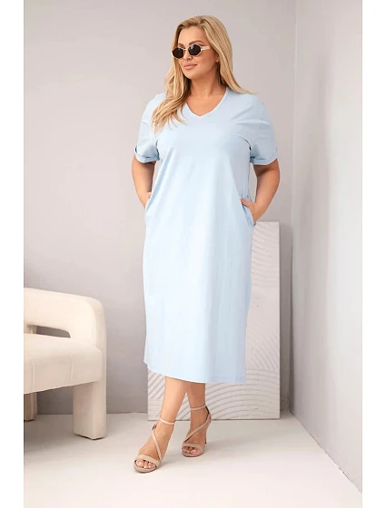 Dámské bavlněné šaty Plus Size s výstřihem do V modrá Dámské bavlněné šaty Plus Size s výstřihem do V modrá