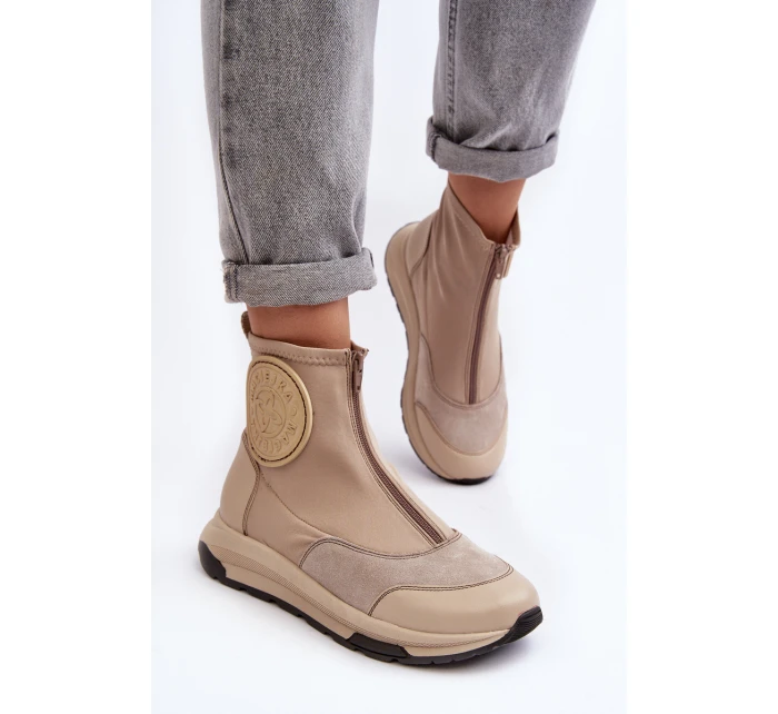 Dámské kožené boty s zipem model 21639047 béžové - Maciejka Dámské kožené boty s zipem model 21639047 béžové - Maciejka
