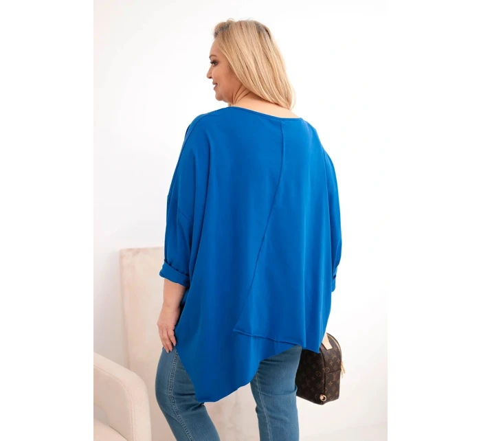 Dámská bavlněná blůza Plus Size s asymetrickým lemem a výstřihem do V chabrová