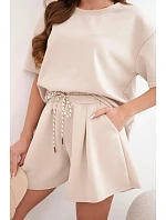 Dámský komplet z viskózy (masełko) s krátkým rukávem a kraťasy s vysokým pasem béžový