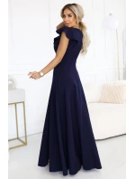 Elegantní maxi šaty s hlubokým výstřihem a rozparkem na nohou tmavě modré model 21861000 - numoco