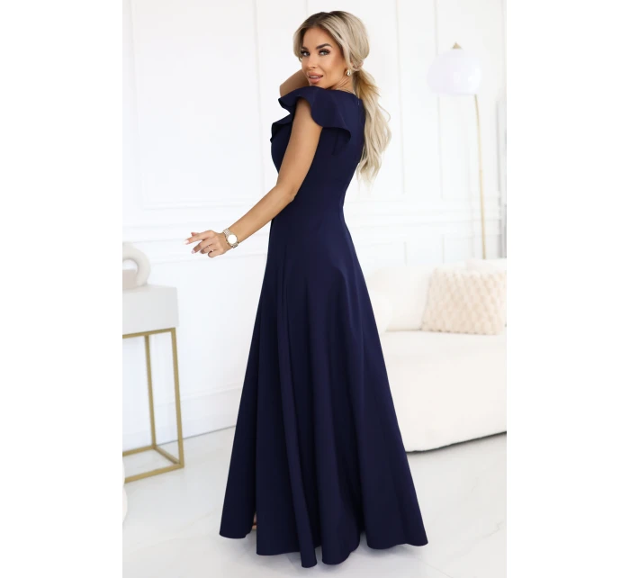 Elegantní maxi šaty s hlubokým výstřihem a rozparkem na nohou tmavě modré model 21861000 - numoco