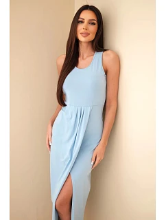 Dámské bavlněné midi šaty bez rukávů s řasením modrá