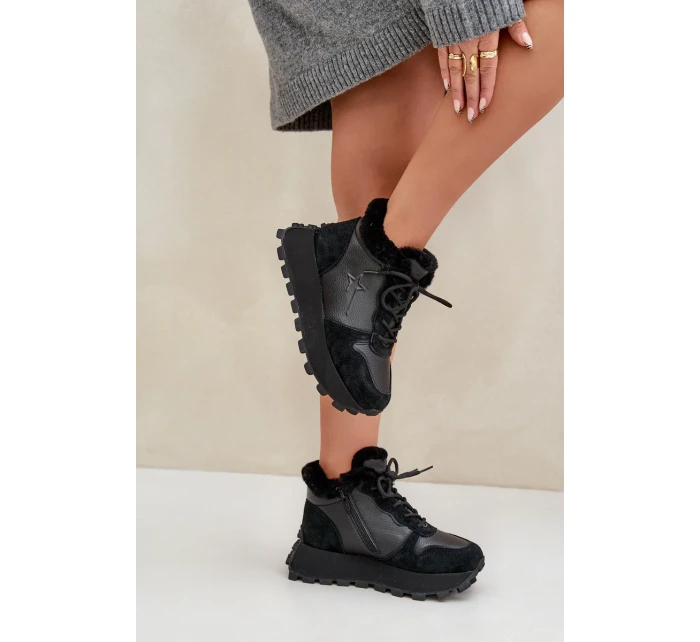 Kožené dámské tenisky trapery s kožešinou na platformě Big Star OO274A329 černé Kožené dámské tenisky trapery s kožešinou na platformě Big Star OO274A329 černé