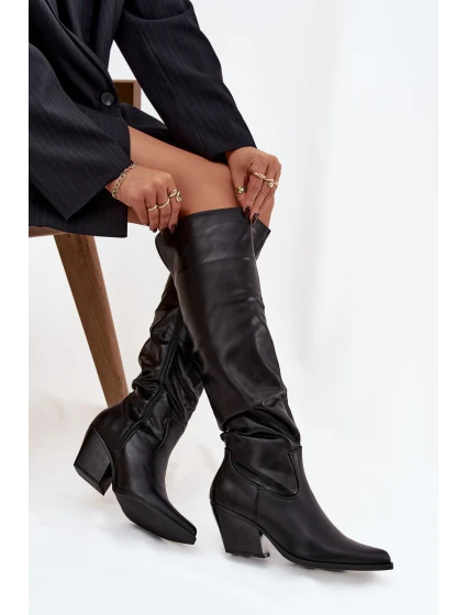 Dámské zateplené kozačky kovbojky na podpatku Rosvian – černé, eko semiš