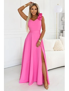 model 22141517 Elegantní večerní maxi šaty s rozparkem a růžemi cukrově růžové - numoco