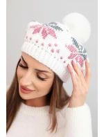Dámská zimní čepice vlněná s motivem sněhových vloček a pomponem K457 bílá