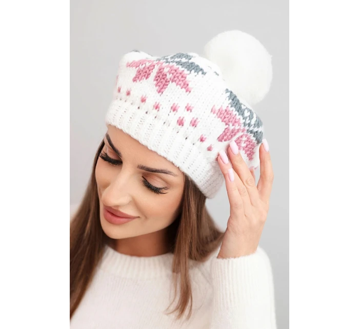 Dámská zimní čepice vlněná s motivem sněhových vloček a pomponem K457 bílá