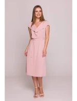 S411 Šaty bez rukávů s volánkovým výstřihem - pudrové S411 Šaty bez rukávů s volánkovým výstřihem - pudrové