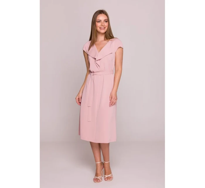 S411 Šaty bez rukávů s volánkovým výstřihem - pudrové S411 Šaty bez rukávů s volánkovým výstřihem - pudrové