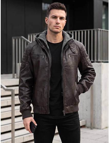 Kurtka męska skórzana z kapturem brązowa model 22358264 - FashionStreet Kurtka męska skórzana z kapturem brązowa model 22358264 - FashionStreet