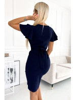 NINA - Tmavě modré dámské šaty s přeloženým obálkovým výstřihem, rukávky a páskem 479-2