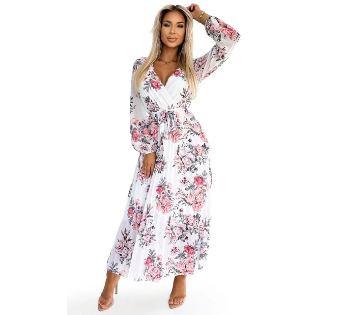 458-3 GEPPI Plisované MIDI šaty s výstřihem, dlouhými rukávy a páskem - bílé s červenými ROSES