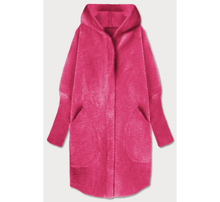 Dlouhý růžový vlněný přehoz přes oblečení typu "alpaka" s kapucí (908)