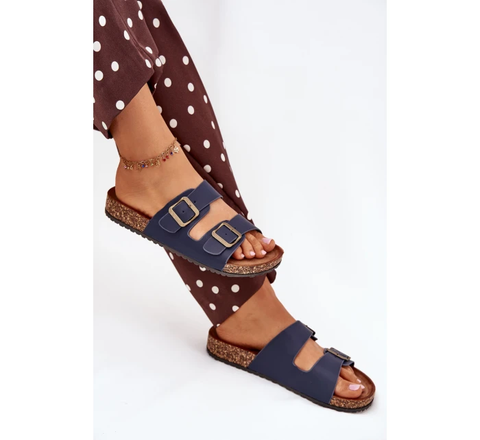 Dámské pantofle na korkové platformě s přezkami tmavě modré model 21704319 - EVENTO