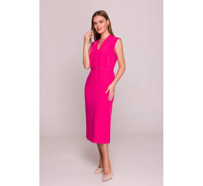 model 21154794 Šaty áčkového střihu s vázáním a výstřihem do V růžové - STYLOVE model 21154794 Šaty áčkového střihu s vázáním a výstřihem do V růžové - STYLOVE
