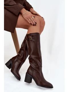 Dámské kotníkové boty Brenira na sloupkovém podpatku se sponou – čokoládové