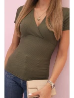 Dámská pruhovaná bavlněná blůza s překládaným výstřihem khaki
