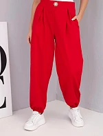 Dámské bavlněné kalhoty s vysokým pasem a ozdobným knoflíkem červené