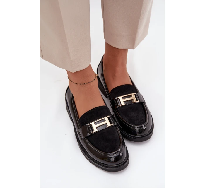 Lakované dámské mokasiny se zlatým detailem S.Barski HY52-545 Černé