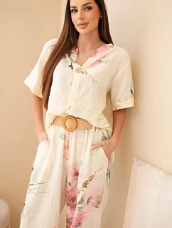 Dámský bavlněný komplet s krátkým rukávem a širokými nohavicemi žlutý