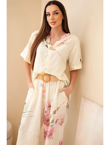 Dámský bavlněný komplet s krátkým rukávem a širokými nohavicemi žlutý