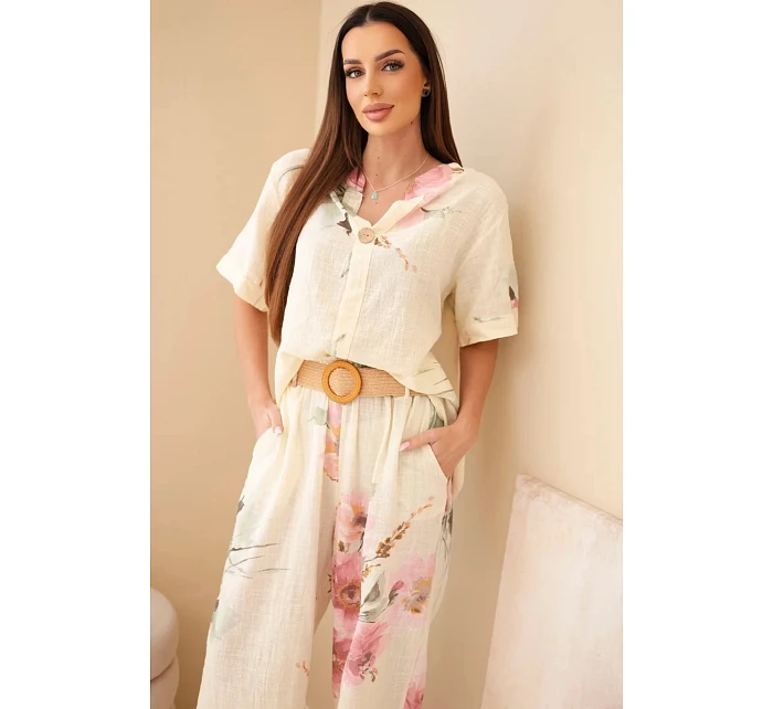 Dámský bavlněný komplet s krátkým rukávem a širokými nohavicemi žlutý