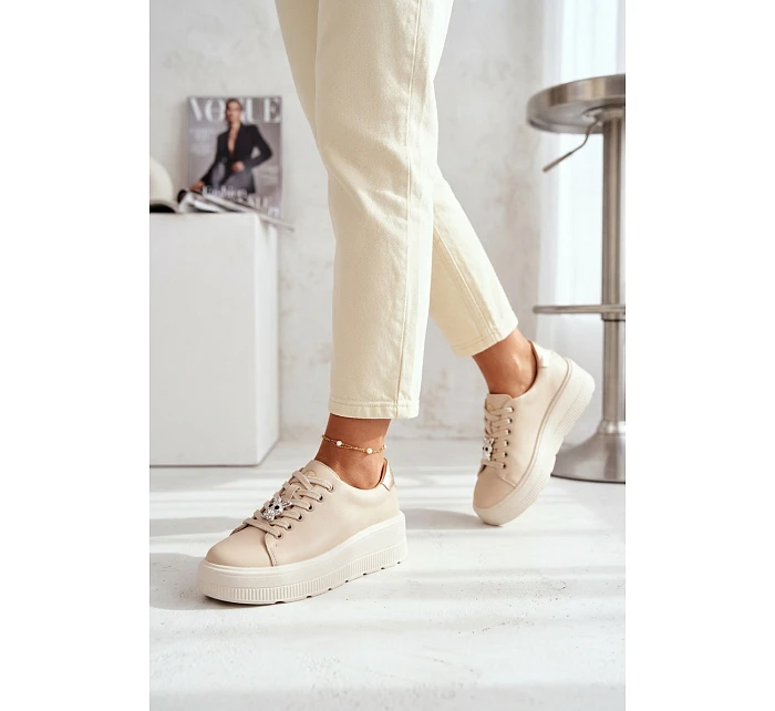 Kožené dámské tenisky na platformě s přezkou Vinceza 39973 Béžové