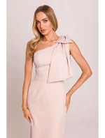 M847 Šaty na jedno rameno s mašlí - světle béžové