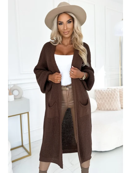 model 21290269 Cardigan svetr dlouhý s kapsami čokoládová barva - numoco basic
