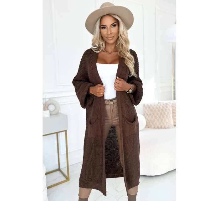 model 21290269 Cardigan svetr dlouhý s kapsami čokoládová barva - numoco basic