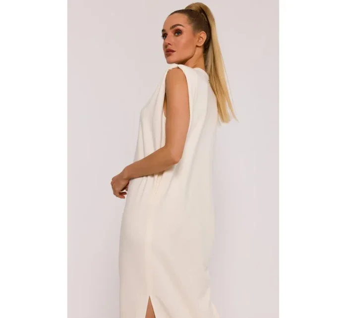 M790 Maxi šaty s vycpávkami na ramenou - krémové