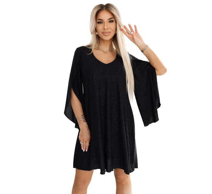 Elegantní trapézové šaty s rukávy černé s brokátem model 21097874 - numoco