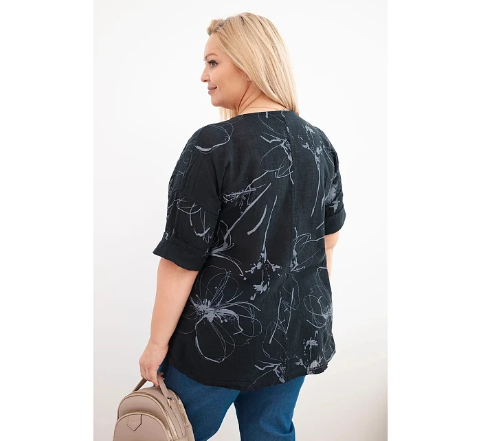 Dámská bavlněná halenka Plus Size s krátkým rukávem a kapsou černá