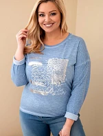 Dámská blůza Plus Size se potiskem a delší zadní částí džínová